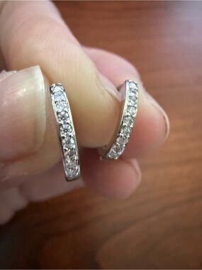 Moissanite Pave Huggie Hoop Earrings with Clear Stones - Silver tone
